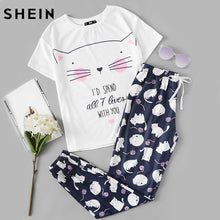 Load image into Gallery viewer, SHEIN Cute Sleepwear Women Pajama Sets Women Cat Print Short Sleeve Round Neck White Tee and Blue Pants Pajama Set