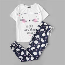 Load image into Gallery viewer, SHEIN Cute Sleepwear Women Pajama Sets Women Cat Print Short Sleeve Round Neck White Tee and Blue Pants Pajama Set