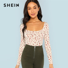 Load image into Gallery viewer, SHEIN Apricot Floral Print Square Neck Tee Elegant Long Sleeve Slim Fit Tops Women Autumn Casual Minimalist Stretchy T-shirt