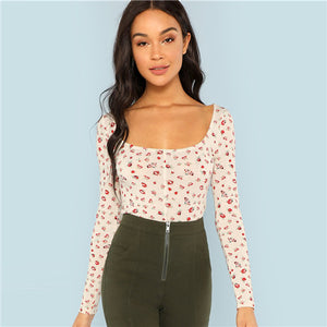 SHEIN Apricot Floral Print Square Neck Tee Elegant Long