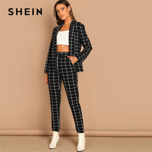 Load image into Gallery viewer, SHEIN Black Stretchy Grid Print Shawl Collar Plaid Long Sleeve Blazer Pants Set Women Autumn Workwear Morden Lady Twopiece