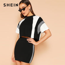 Load image into Gallery viewer, SHEIN Black and White Plaid Panel Two-tone Top And Skirt Set Women Two Pieces Sets 2019 Spring Stand Collar Colorblock Twopiece