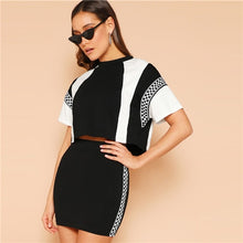 Load image into Gallery viewer, SHEIN Black and White Plaid Panel Two-tone Top And Skirt Set Women Two Pieces Sets 2019 Spring Stand Collar Colorblock Twopiece
