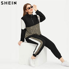 Load image into Gallery viewer, SHEIN Plus Size Athleisure Leopard Print TeeAndPants Set  Women Half Placket Spring Sporting Casual Two Piece Sets  Matching Set